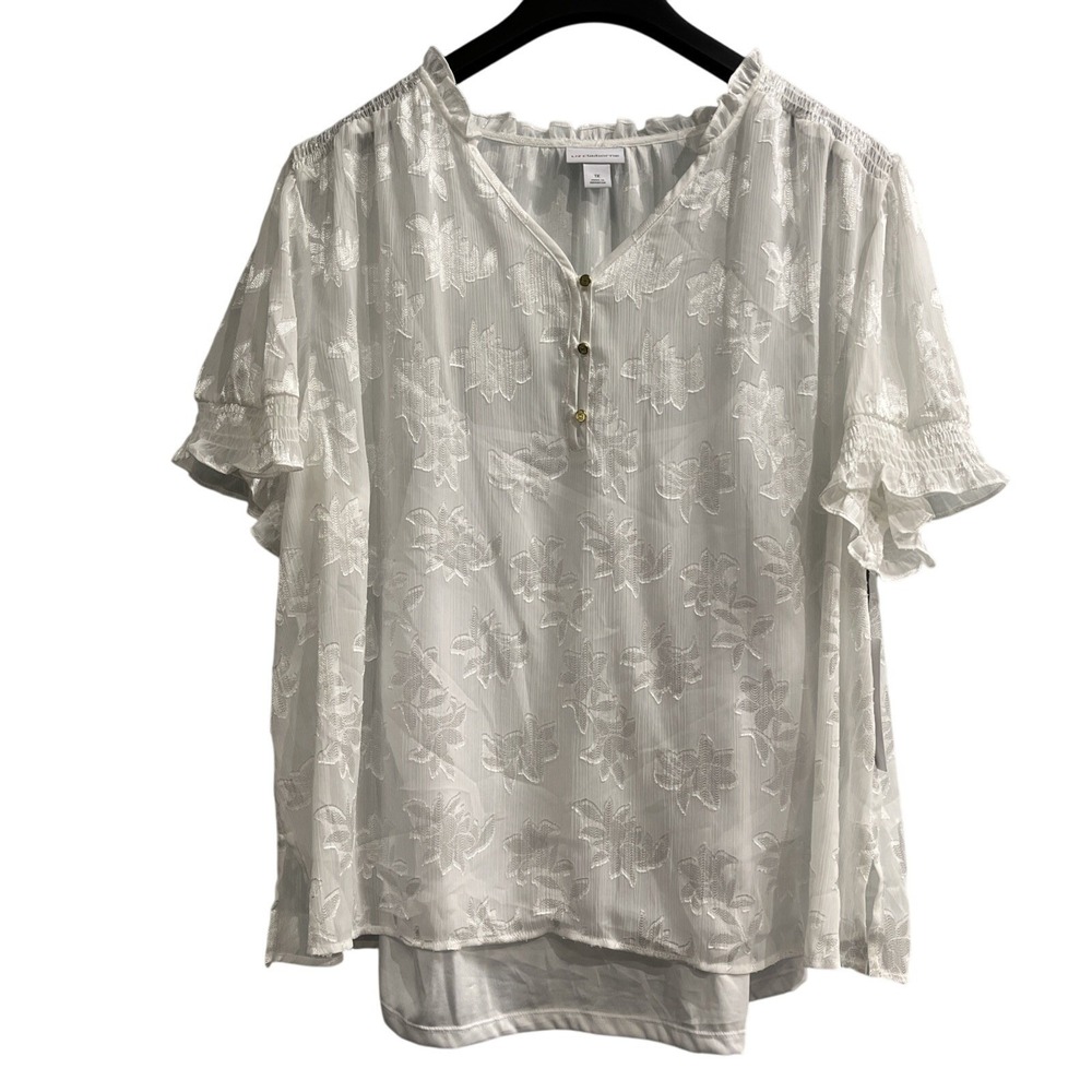 Liz Clairborne‎ Top Womens 1X White Sheer Chiffon Overlay Smocked Sleeve Tunic